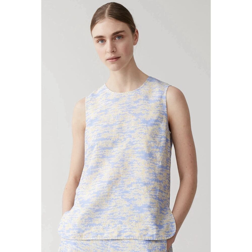 COS Printed Linen Blend Sz 6 Sleeveless Blouse Pale Blue Yellow‎ Minimalist Chic